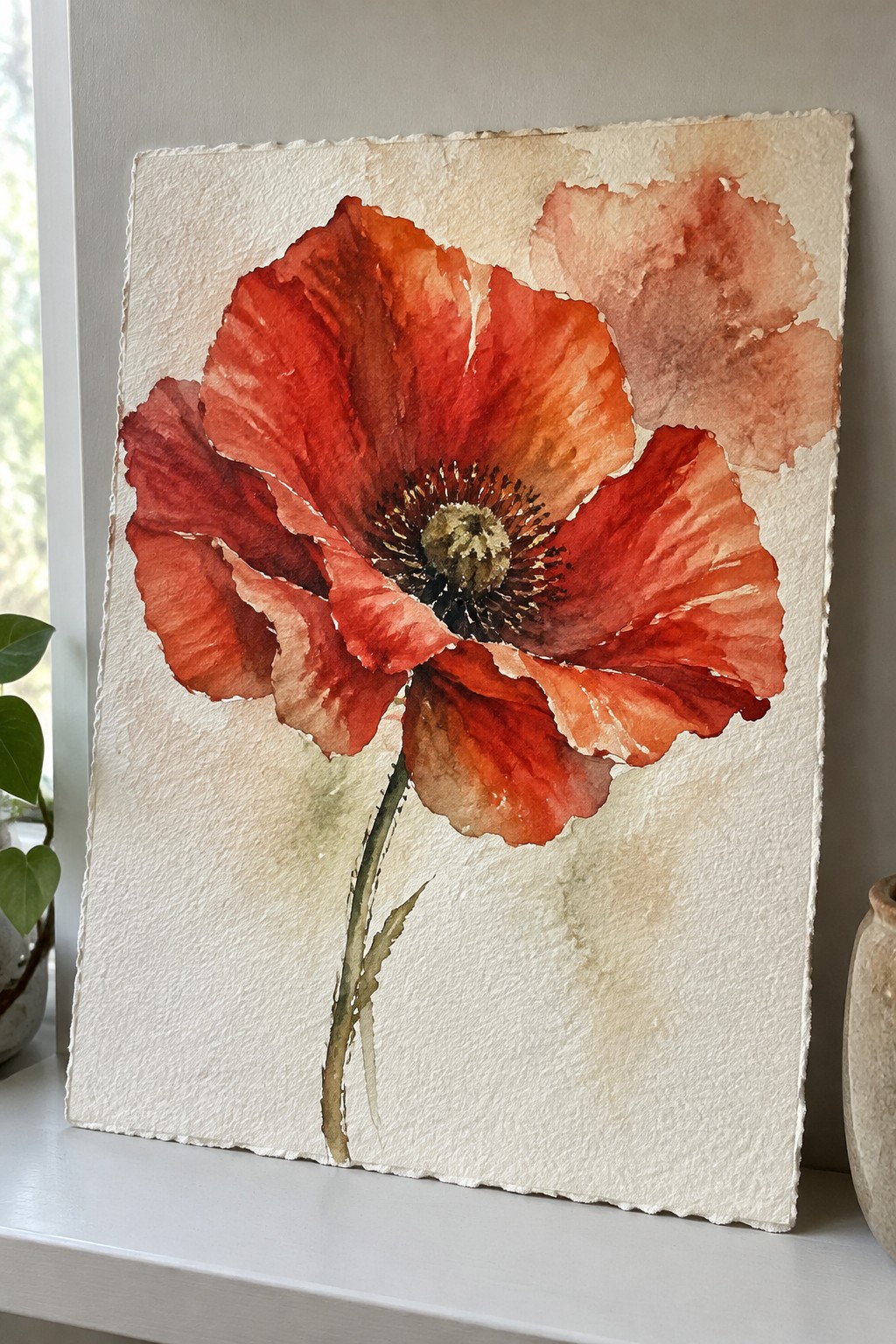 Watercolor of vibrant red poppy with green stem on textured white paper