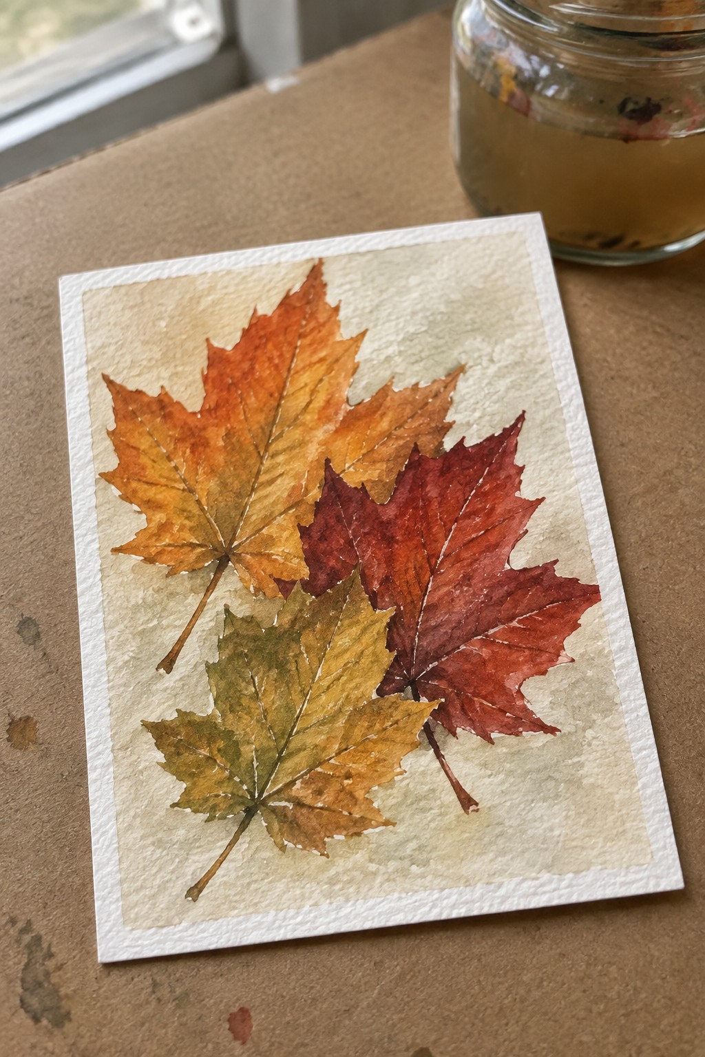 A small watercolor painting of three overlapping maple leaves in yellow, orange, and red on textured paper.