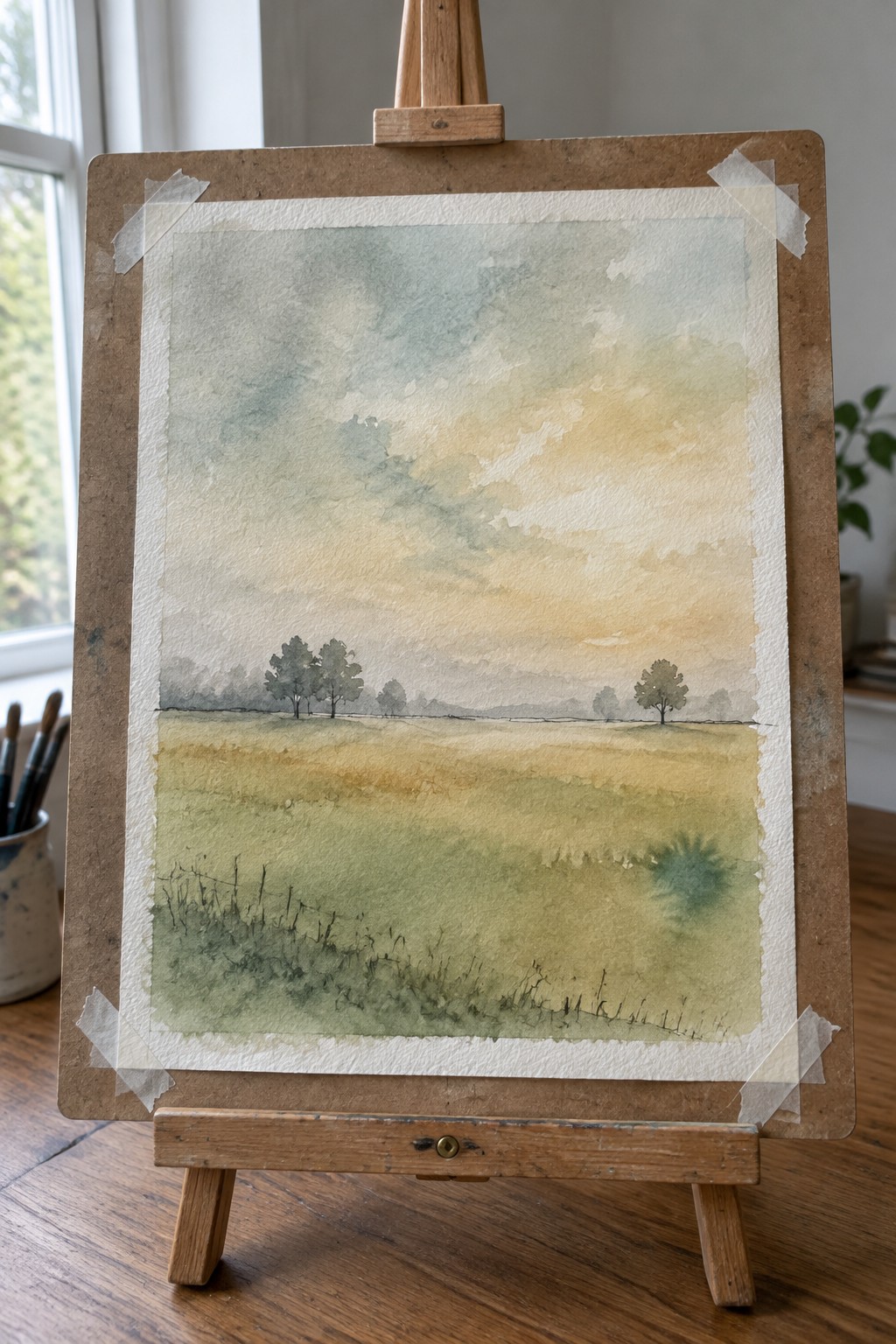 Watercolor landscape of green fields and trees under a soft yellow-blue sky on easel