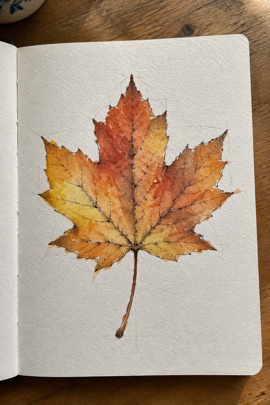 Watercolor maple leaf in yellow, orange, and red hues on open sketchbook page