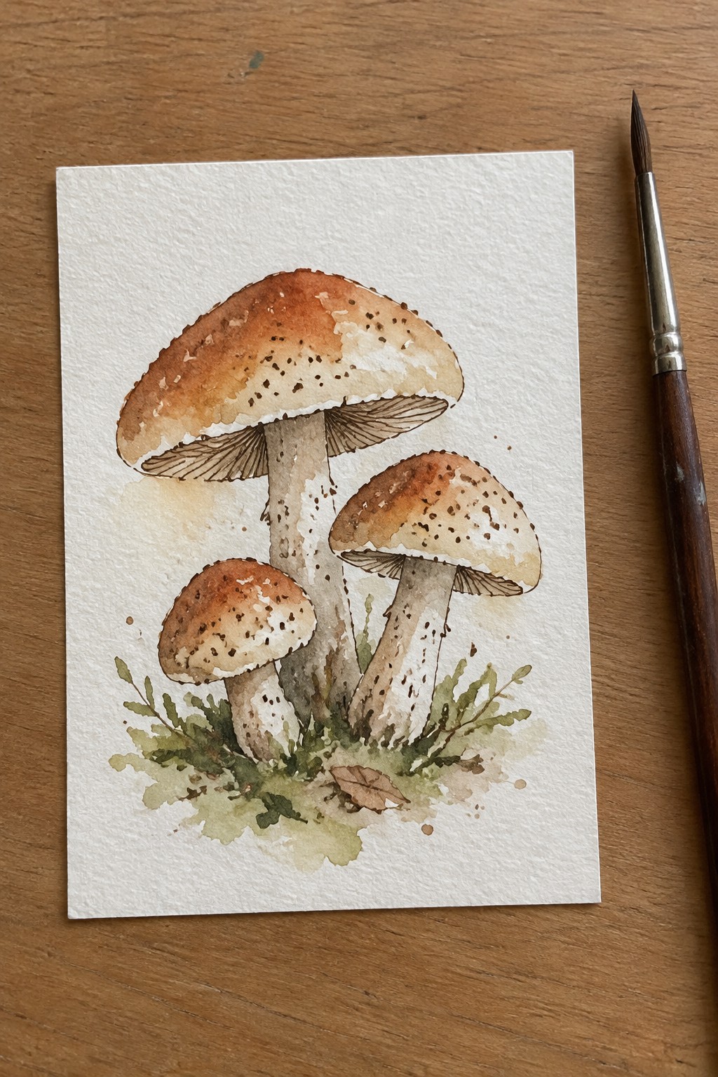 Watercolor painting of three brown spotted mushrooms beside a paintbrush on wood