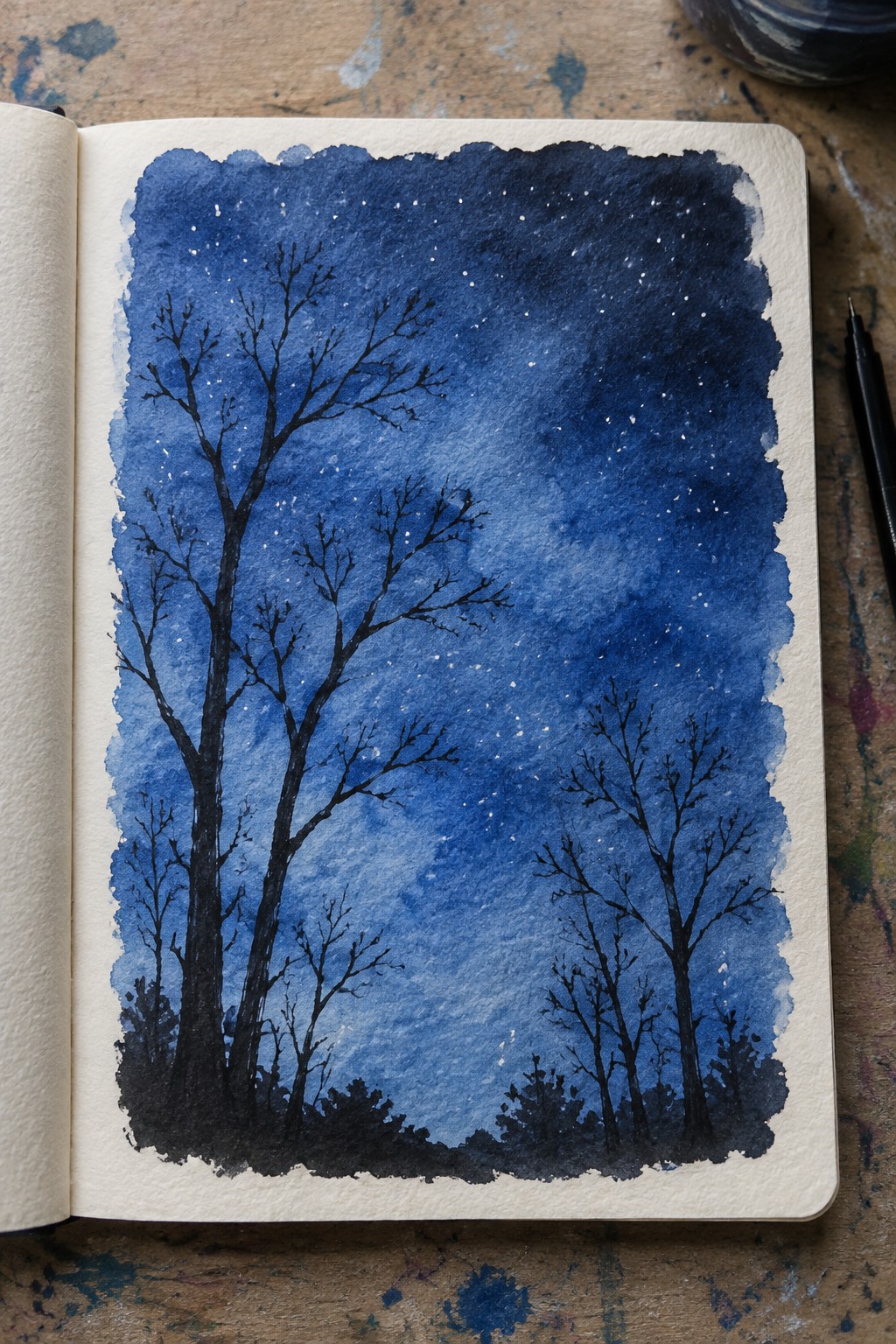 Watercolor painting of starry blue night sky with black silhouetted bare trees in open sketchbook