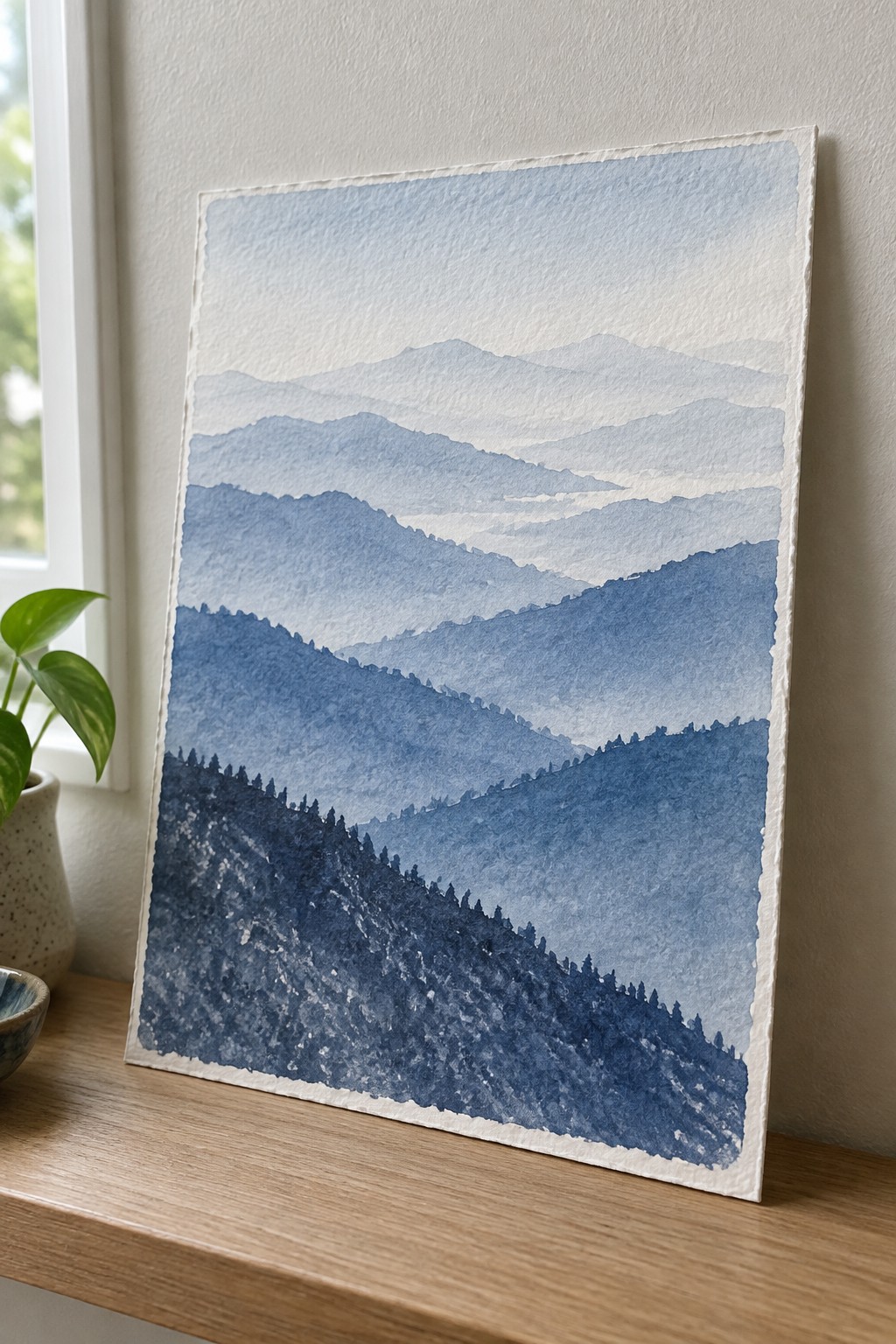 Layered blue watercolor mountains with trees on wooden ledge beside potted plant