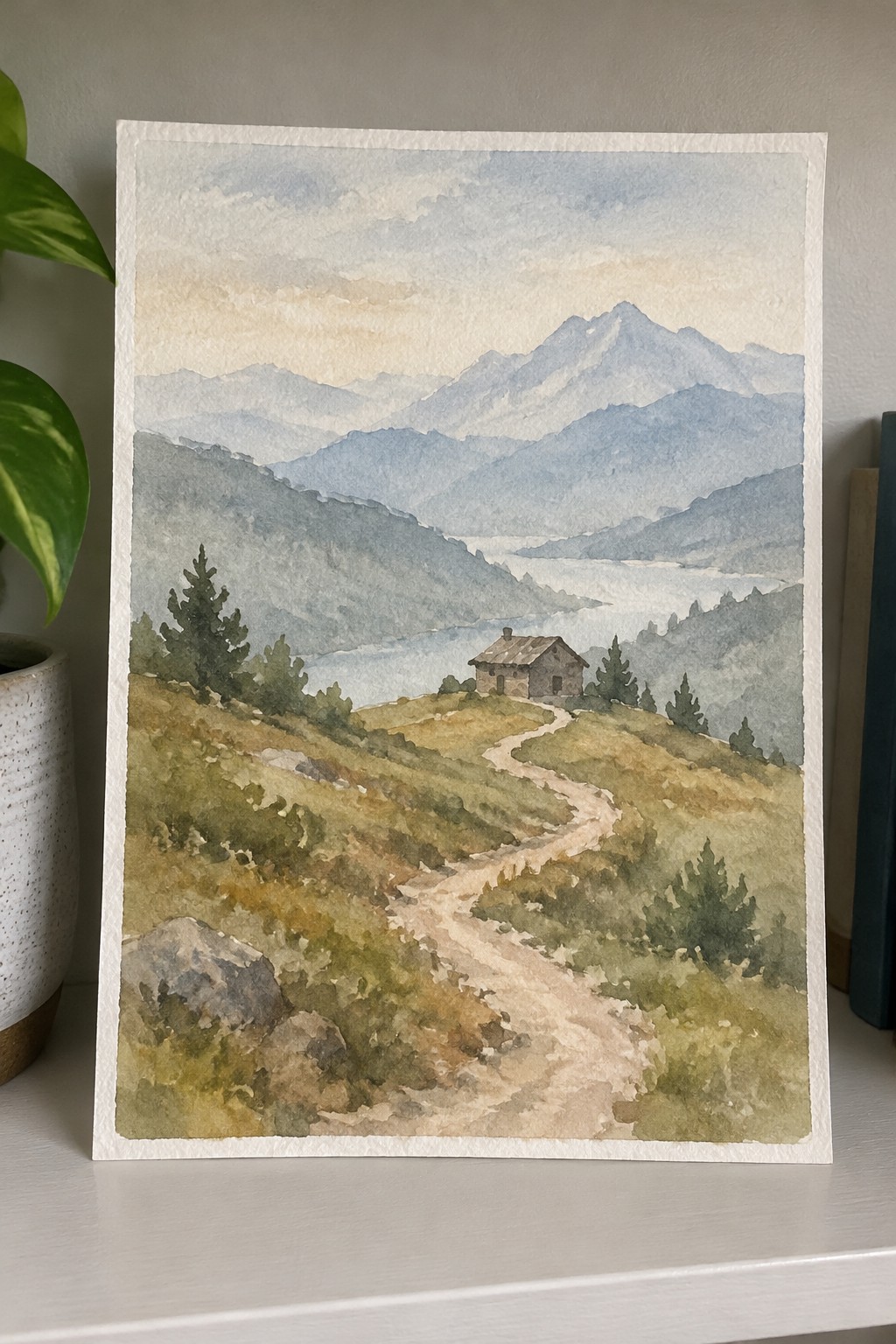 Watercolor of winding path to cabin amid layered blue mountains and lake.