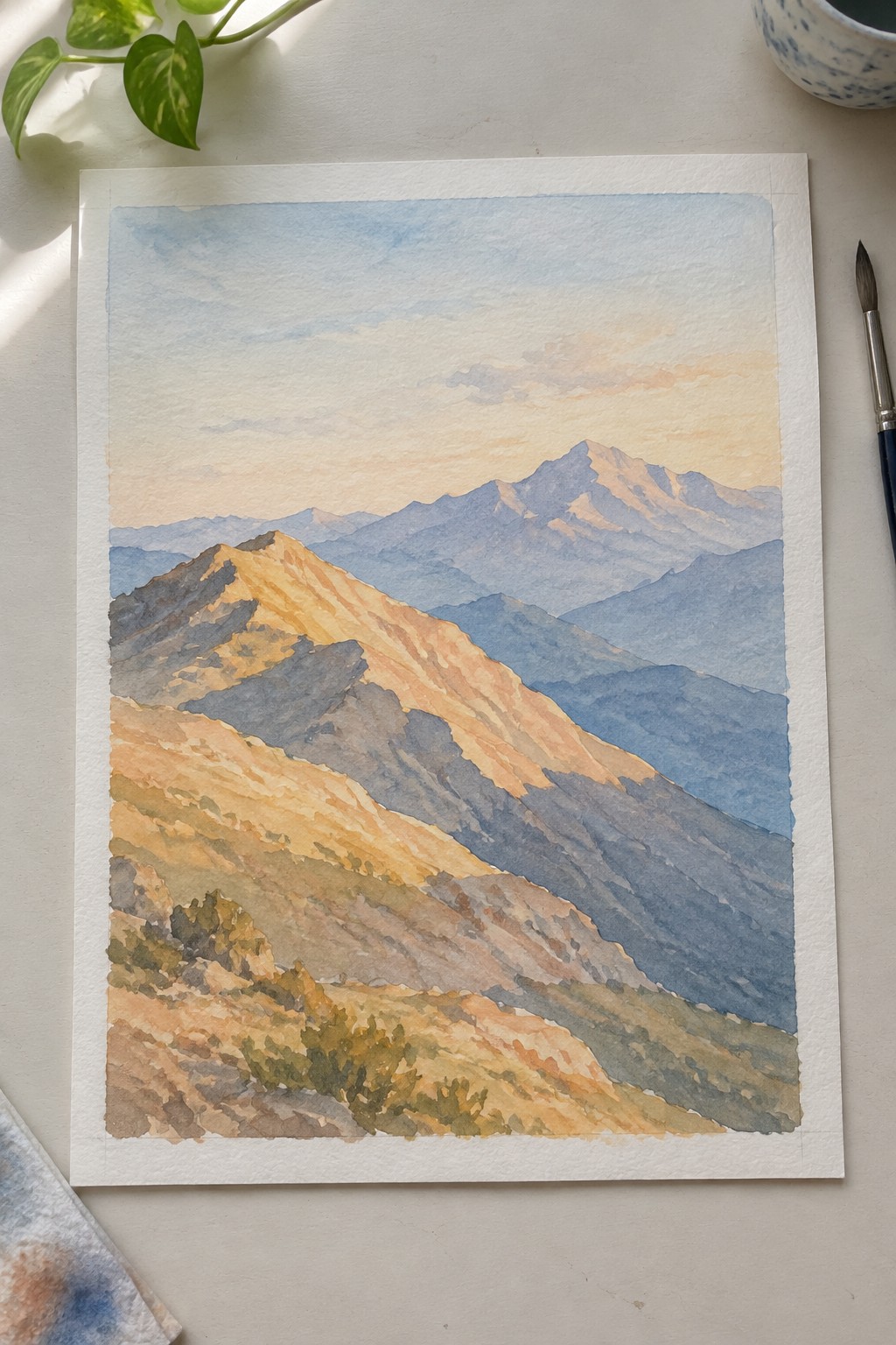 Watercolor painting of layered mountains at sunset with paintbrush and plant nearby