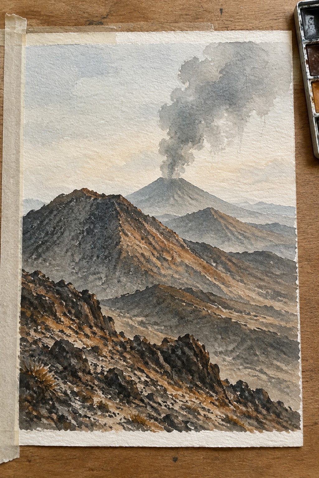 Watercolor painting of smoking volcano rising over rugged, rocky mountain ridges in earthy tones.