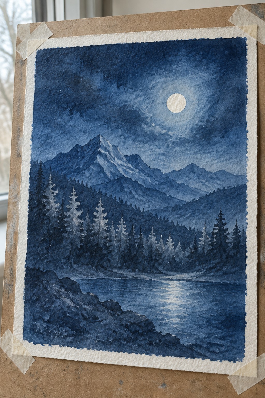 Blue watercolor night scene of moonlit mountains, pine trees, and reflective lake, taped to board.