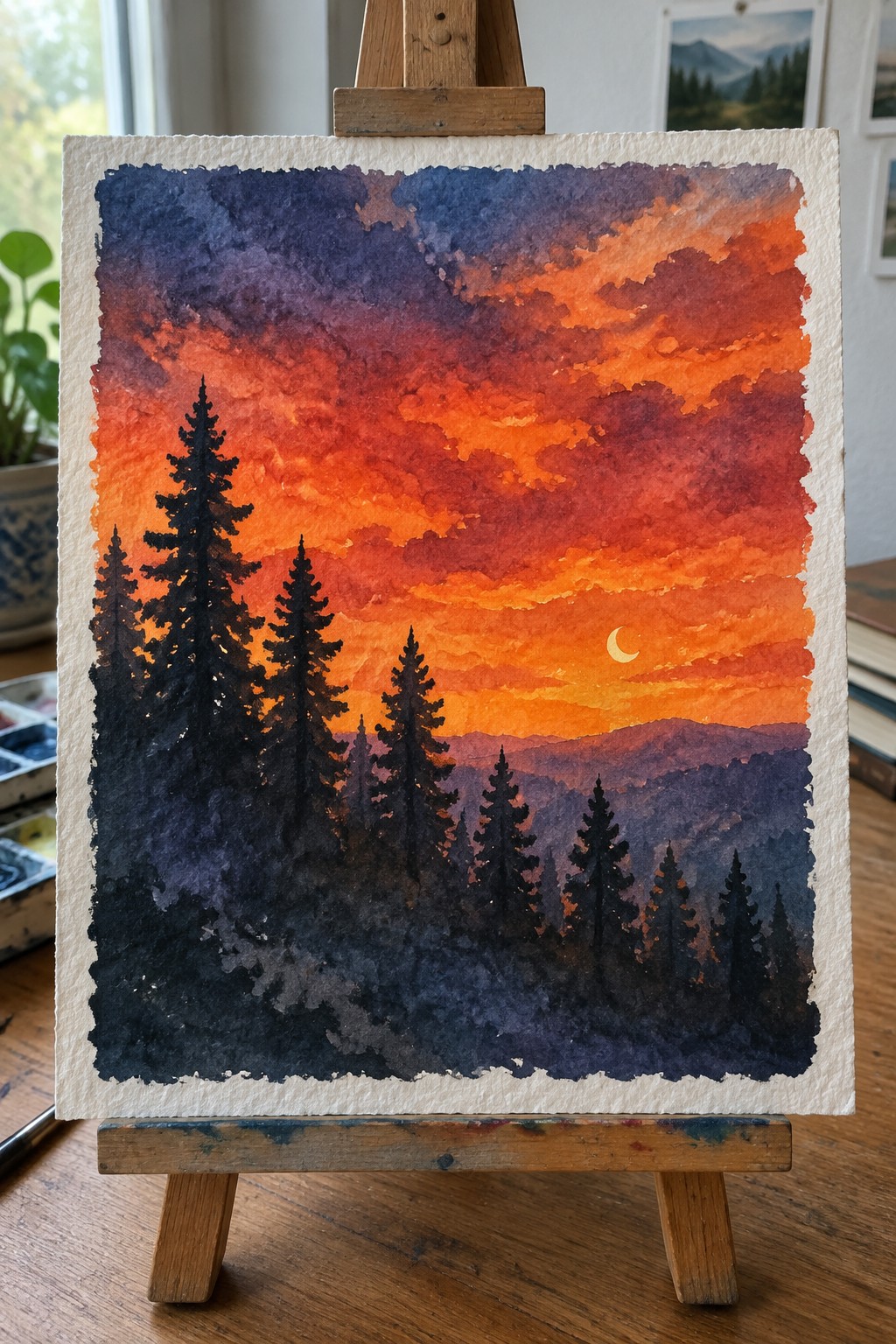 Watercolor painting of dark pine tree silhouettes against an orange and purple sunset sky with a crescent moon and layered hills.