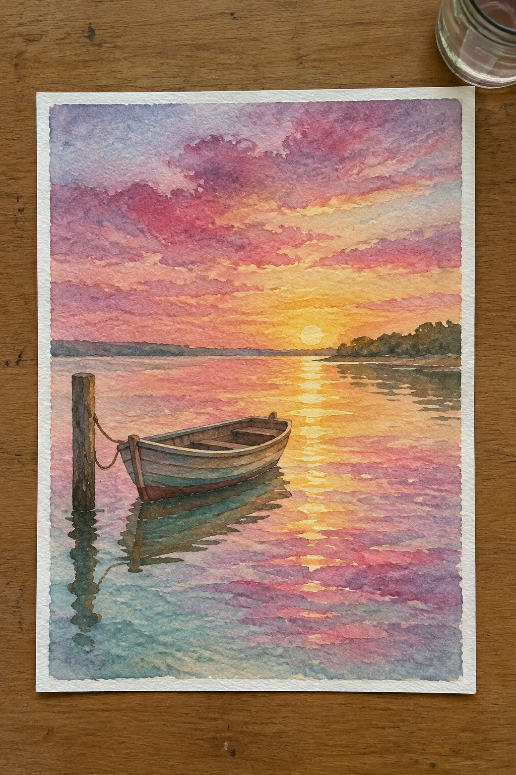 Watercolor of boat tied to post on calm water under pink-orange sunset sky with reflections
