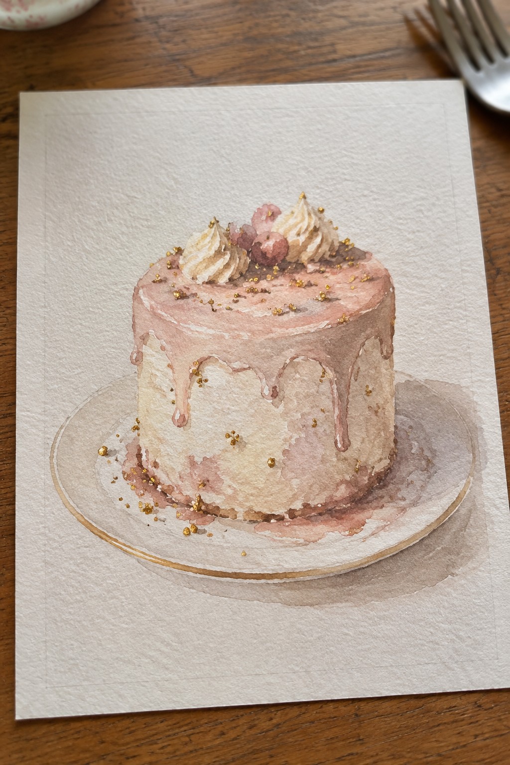 Watercolor painting of pink drip cake with gold flecks, cream swirls, and berries on a plate.