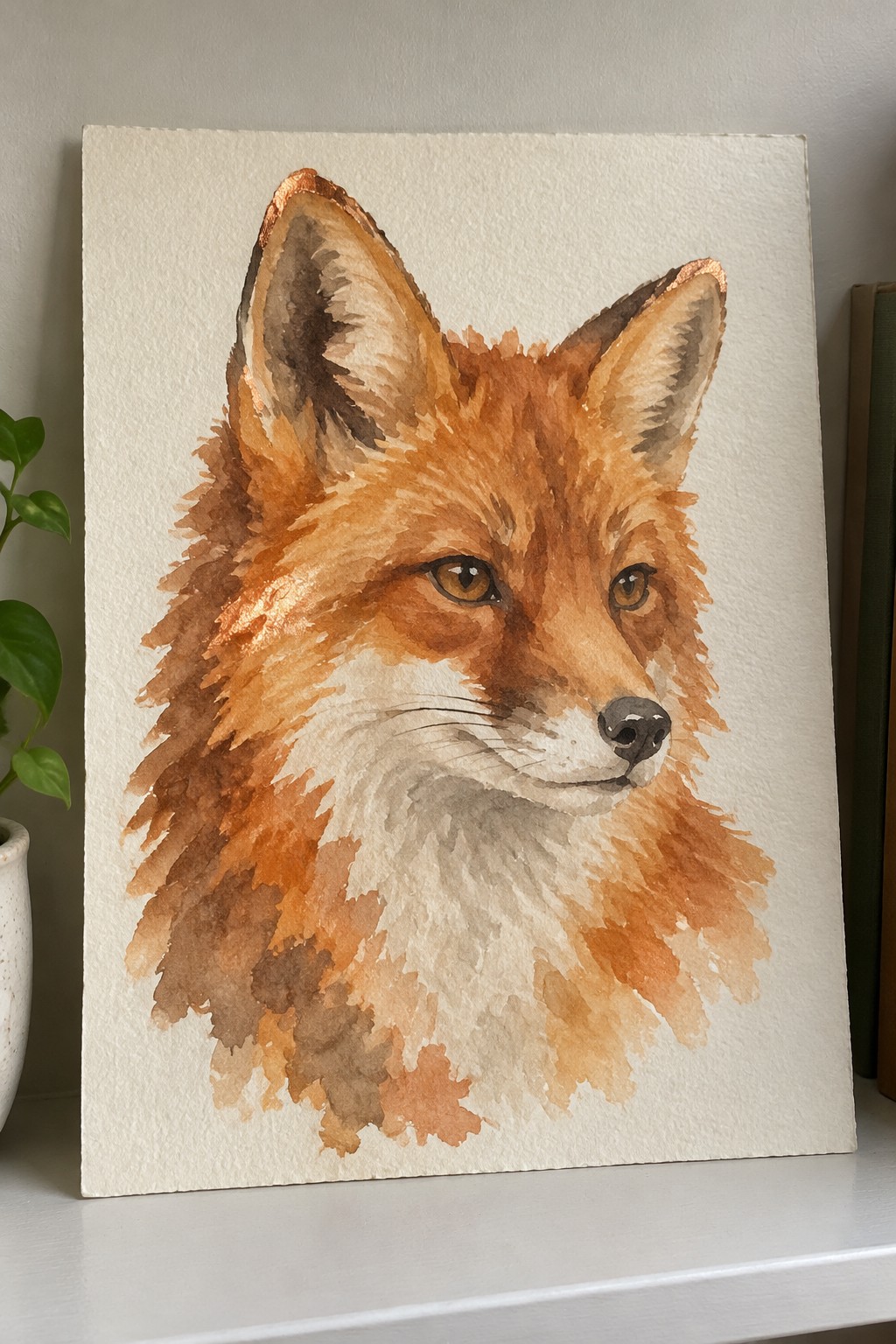 Watercolor fox portrait with orange-brown fur, white chest, and copper ear accents
