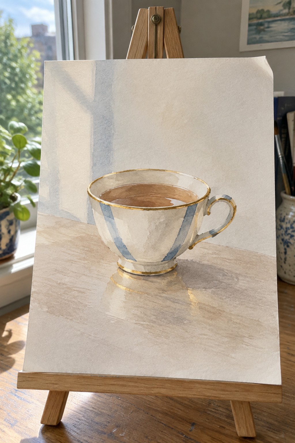 Watercolor of blue-striped teacup with gold trim on marble, displayed on wooden easel