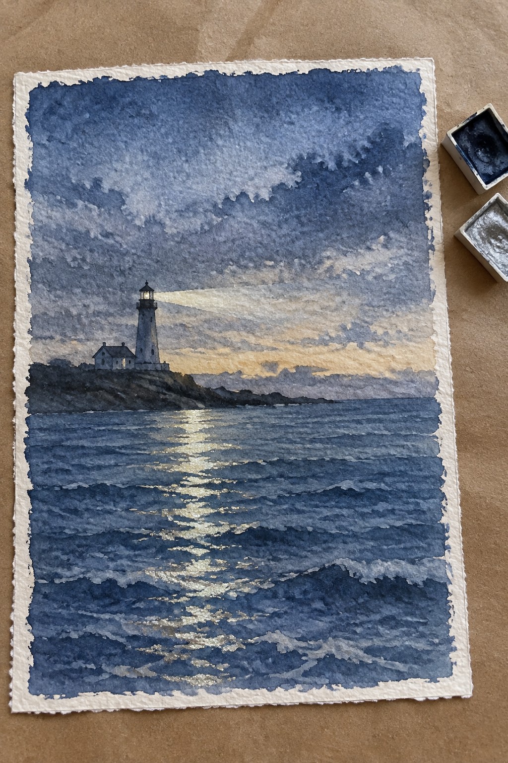 Watercolor painting of lighthouse beaming light over dark blue ocean waves under cloudy sky