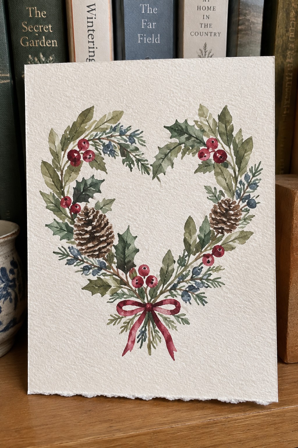 Watercolor heart wreath with pinecones, holly leaves, red berries, and a red ribbon bow on textured white paper.