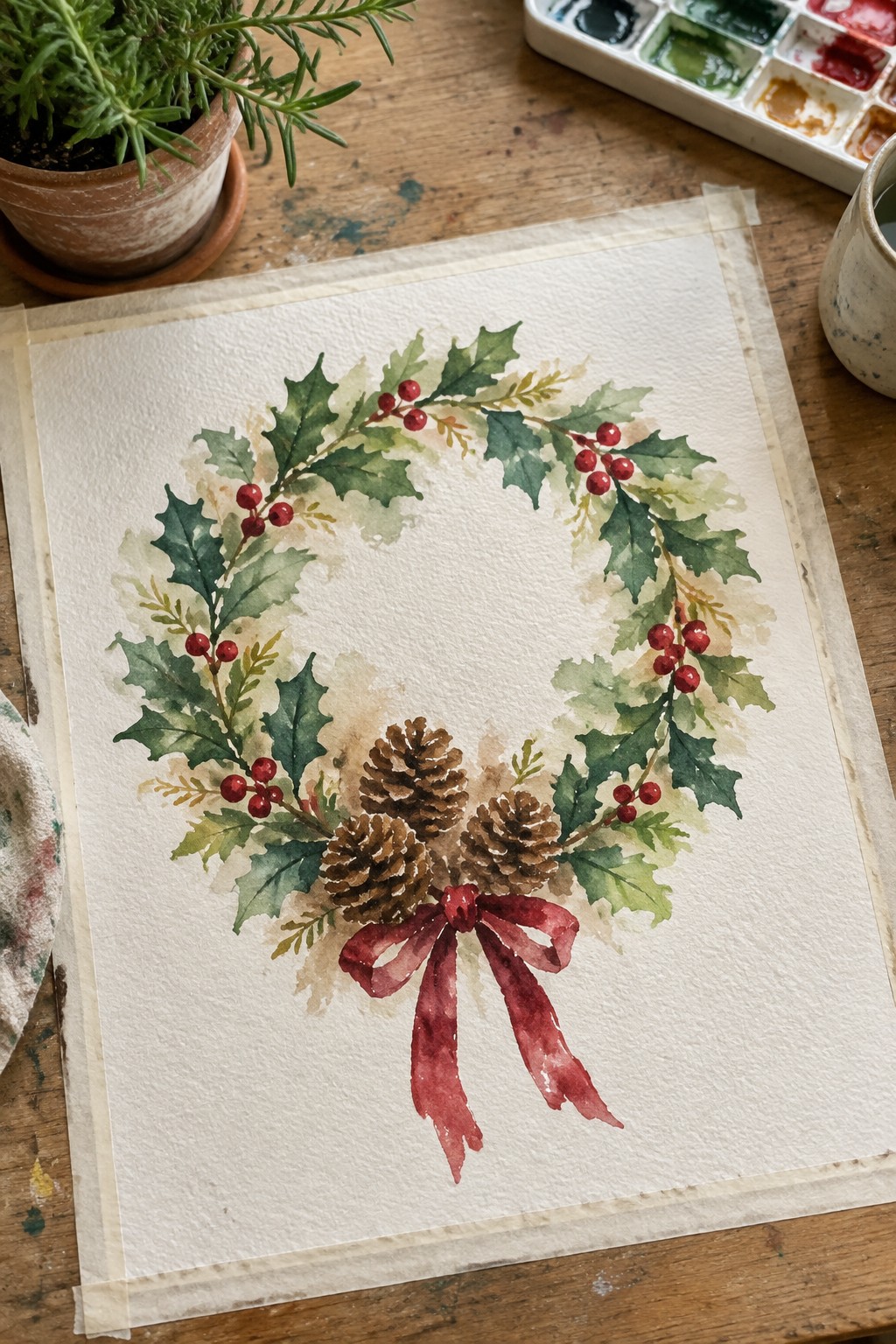 Watercolor holly wreath with pinecones, red berries and bow on wooden table with art supplies
