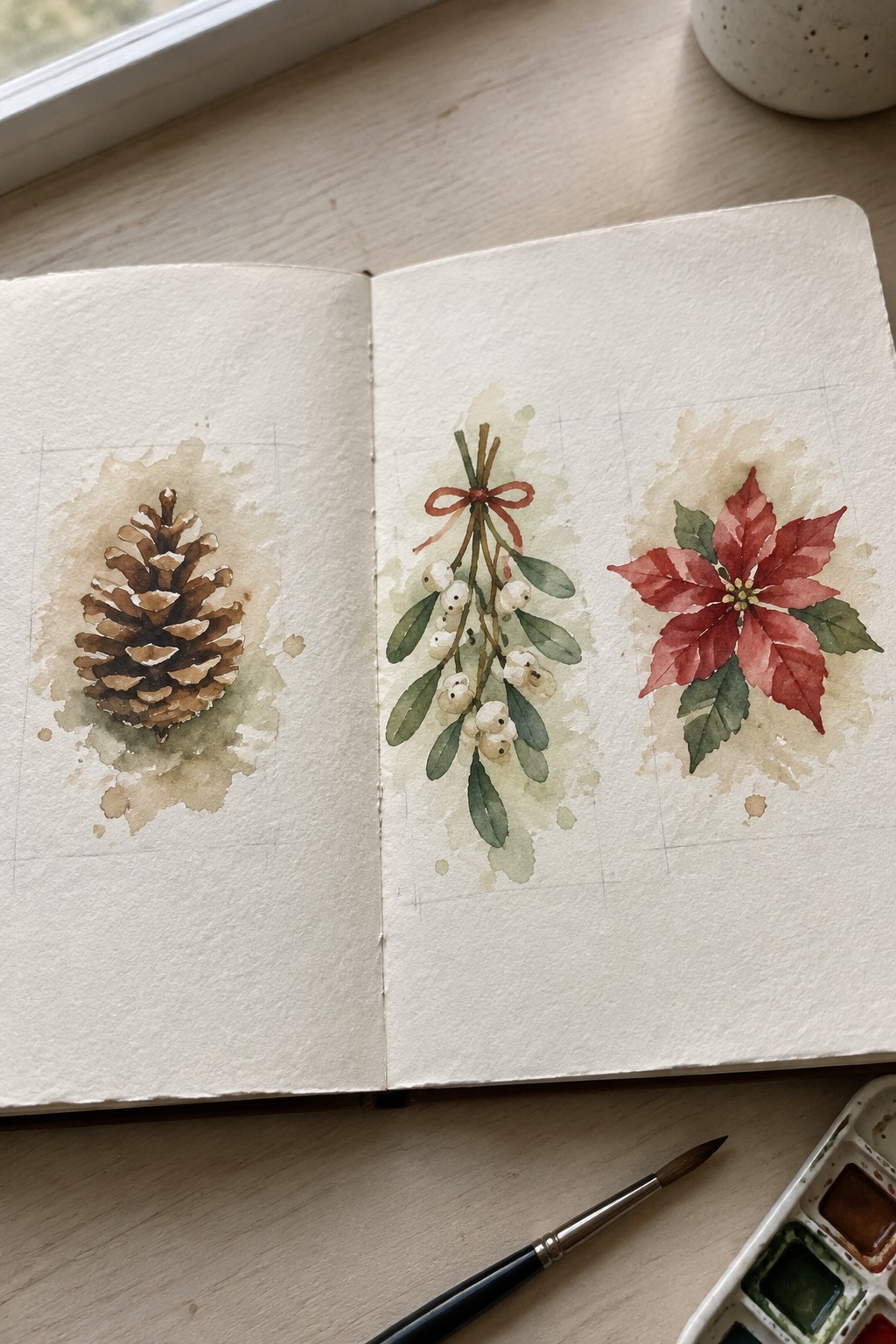 Open sketchbook with watercolor pinecone, mistletoe bouquet, and red poinsettia beside paintbrush.