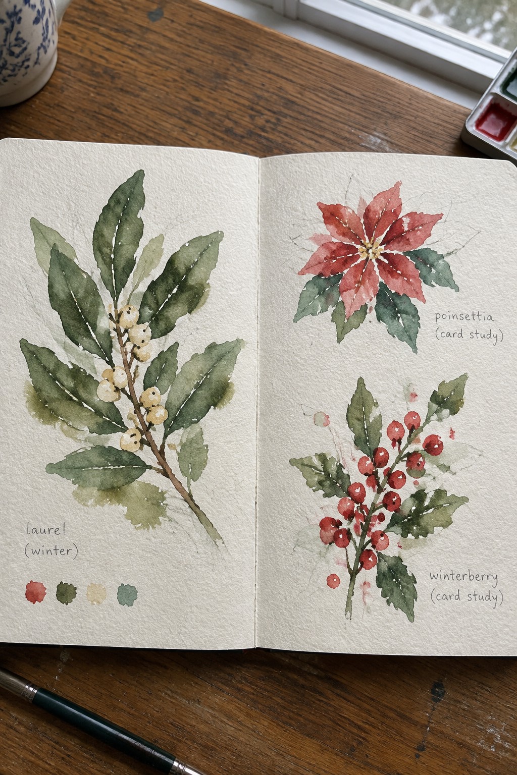 Open sketchbook with watercolor laurel, red poinsettia, and winterberry studies on wooden table
