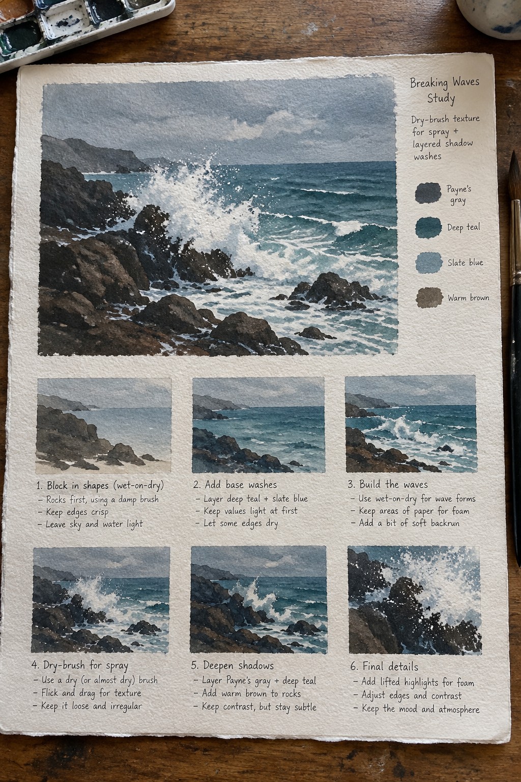Watercolor study of breaking waves on rocks with six-step tutorial and color swatches
