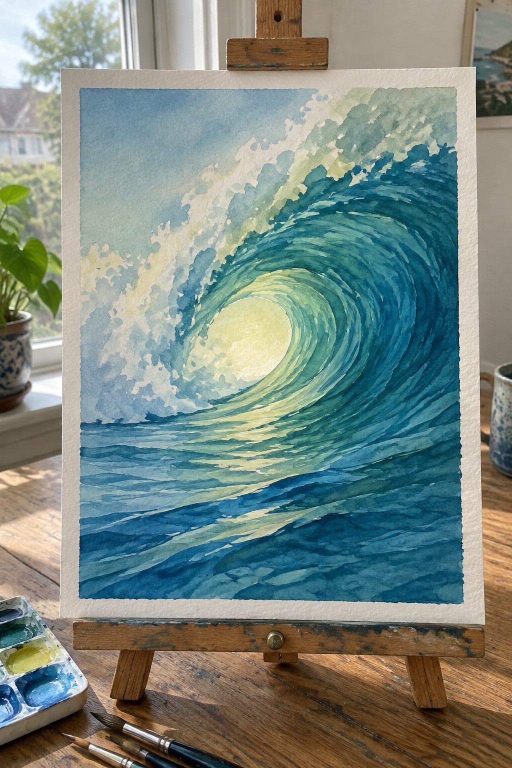 Watercolor painting of curling blue-green wave on wooden easel with palette and brushes nearby