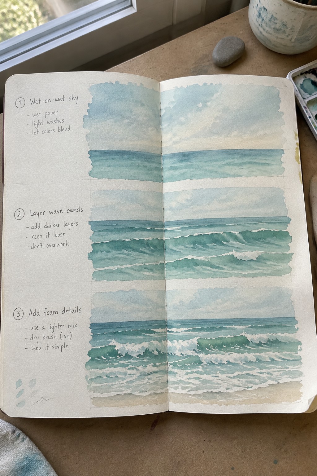 An open sketchbook page displaying three labeled stages of a watercolor ocean wave painting with sky, layered waves, and foam details.