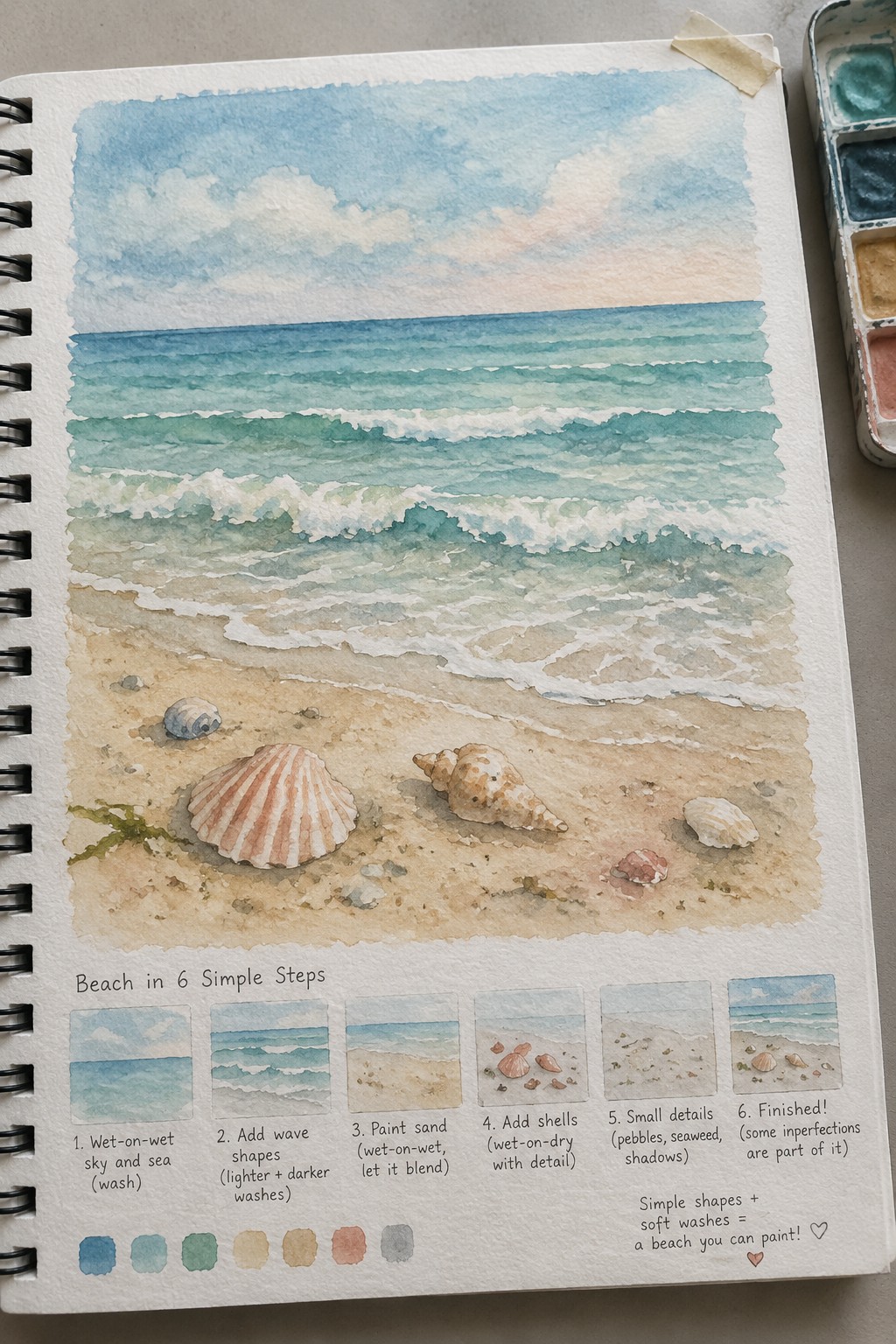 Watercolor beach scene with waves and seashells in sketchbook with step-by-step guide