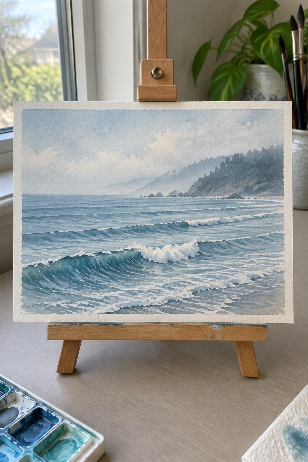 Watercolor seascape of blue waves on wooden easel with palette and brushes nearby.