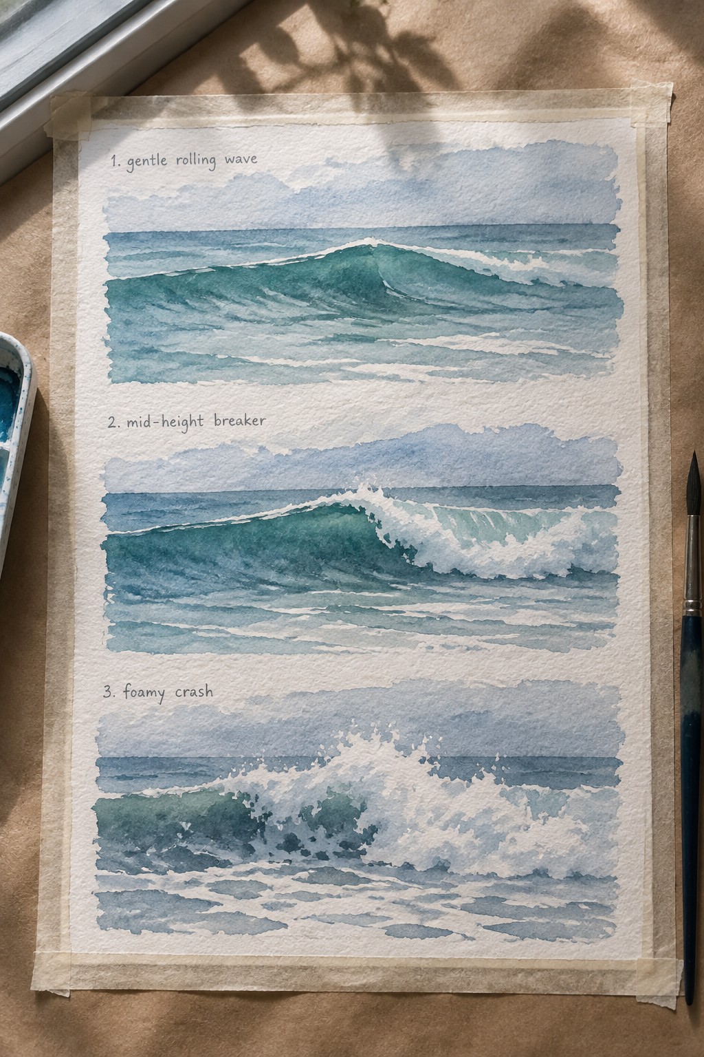 Watercolor painting of three labeled ocean wave stages with paintbrush and palette.