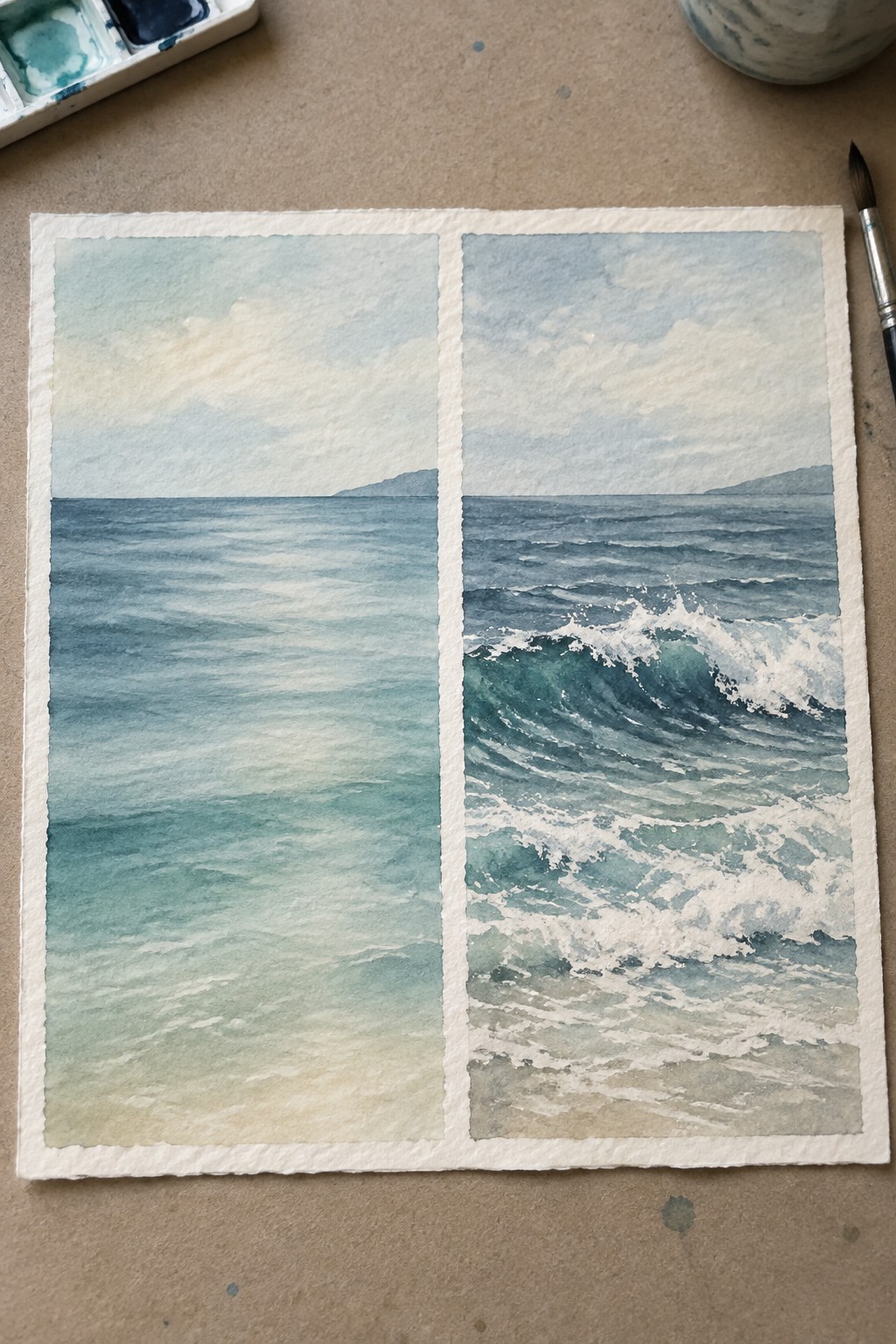 A watercolor painting divided into two vertical panels showing the ocean, with the left panel depicting calm water and the right panel showing waves with white foam, both under a soft sky with a distant landmass.