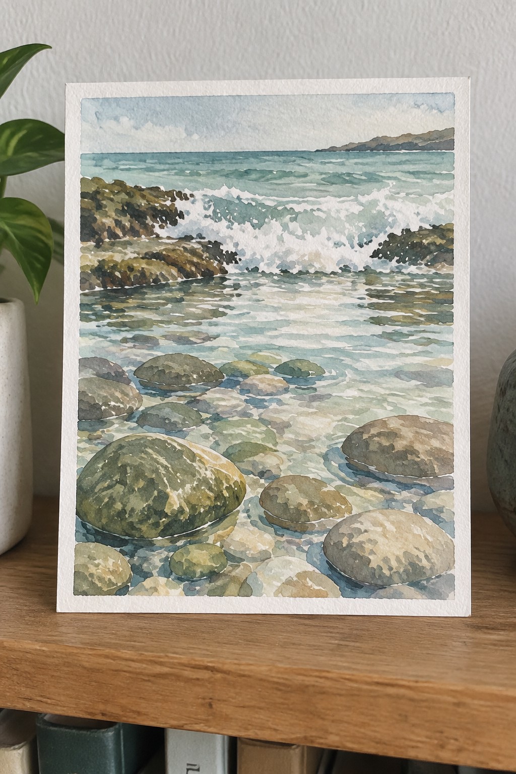 Watercolor painting of waves crashing over rocks in turquoise ocean water with distant hills.