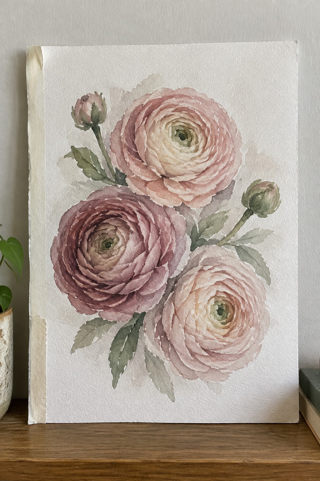 Watercolor of three pink ranunculus blooms with green leaves and buds on white paper