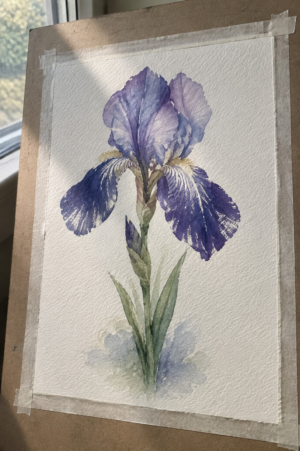 Watercolor painting of purple iris with green leaves and stem on white paper