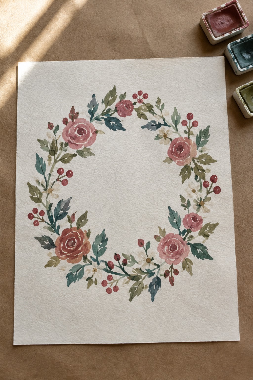 Watercolor wreath of pink roses, green leaves and red berries beside paint pans