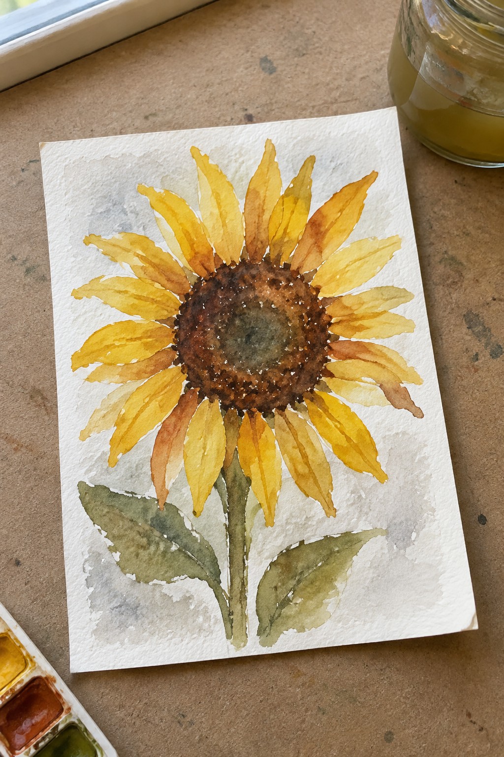 Watercolor painting of a sunflower with yellow and orange petals, a dark brown center, and green leaves on white paper.