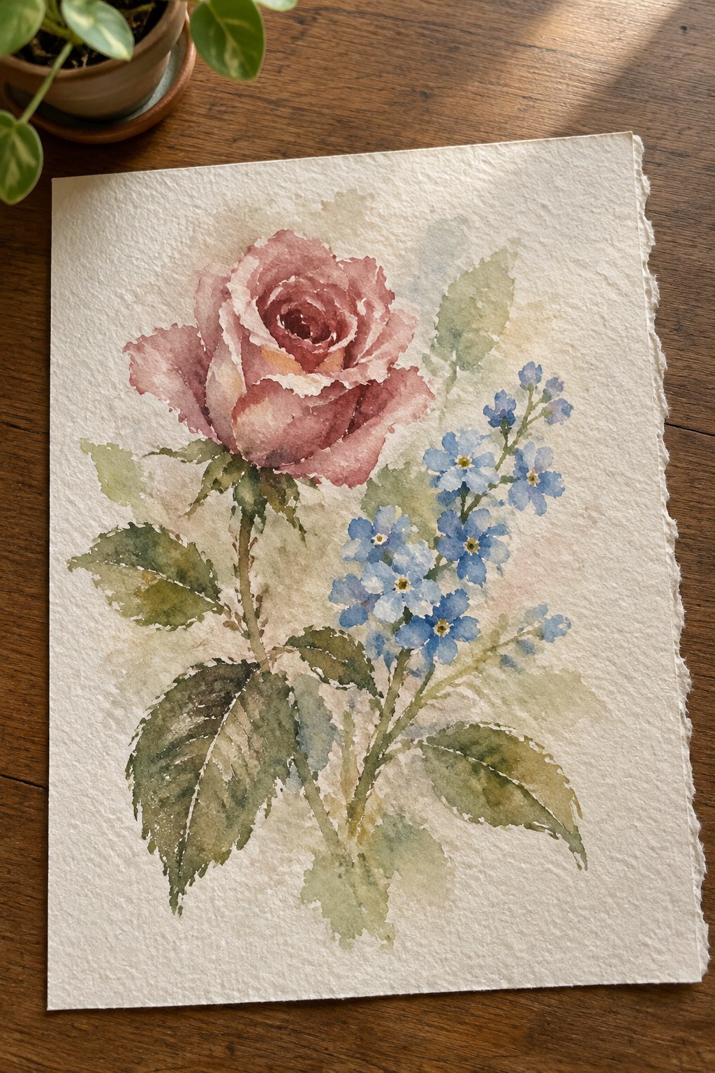 Watercolor painting of pink rose with blue forget-me-nots and green leaves on paper