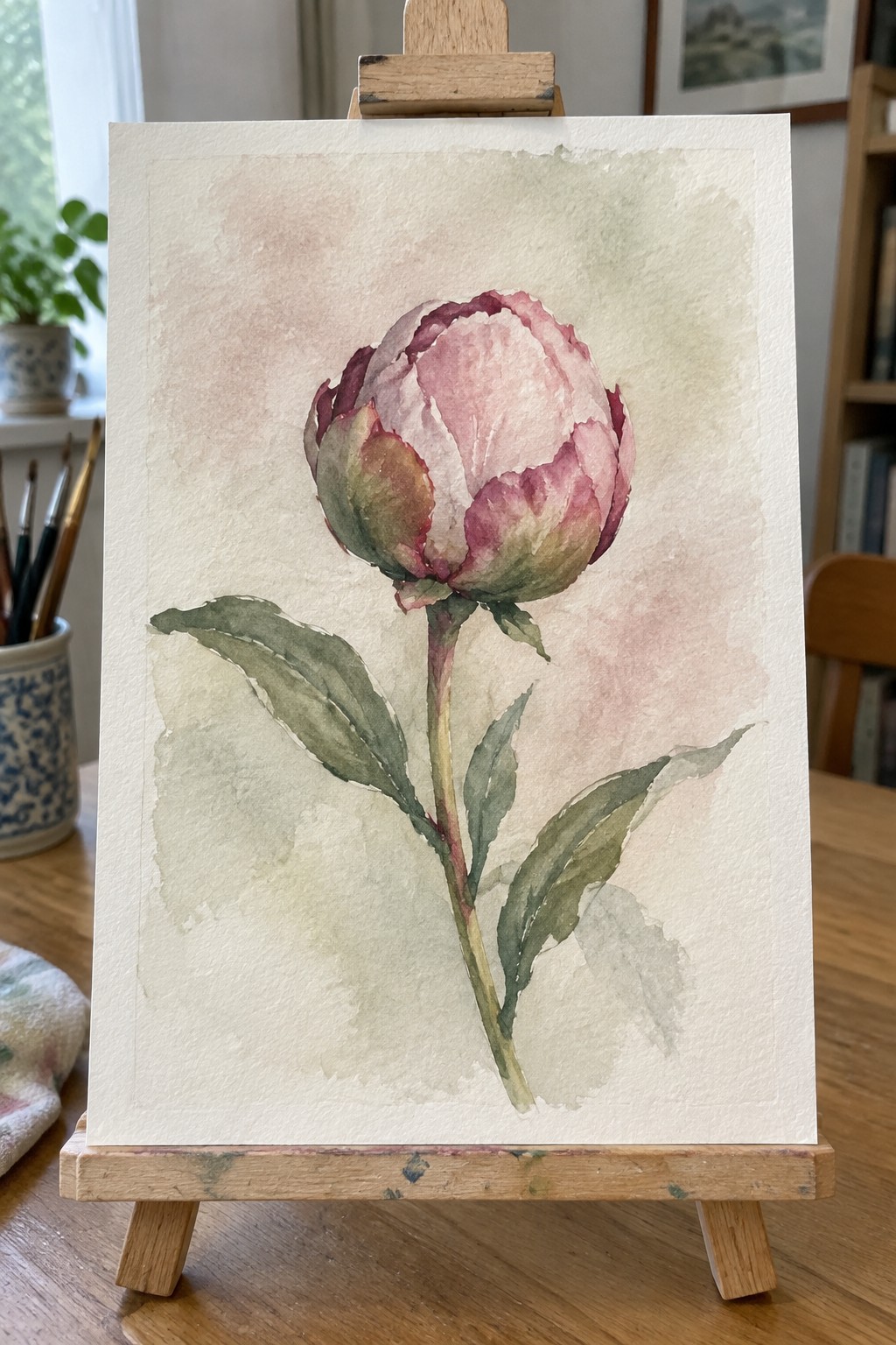 Watercolor painting of pink peony with green leaves on wooden easel in studio
