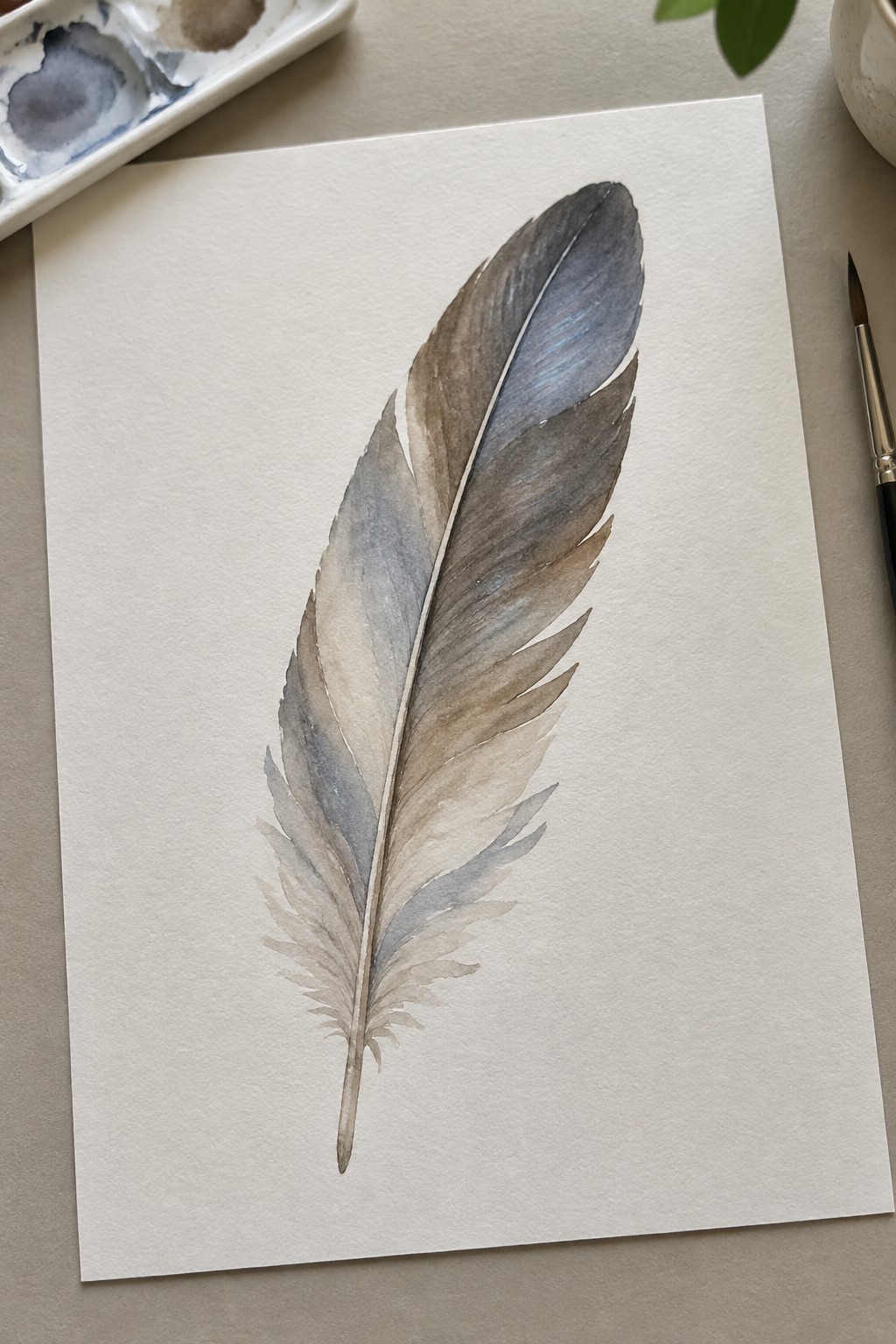 Watercolor feather in muted browns and blues on white paper with palette and brush
