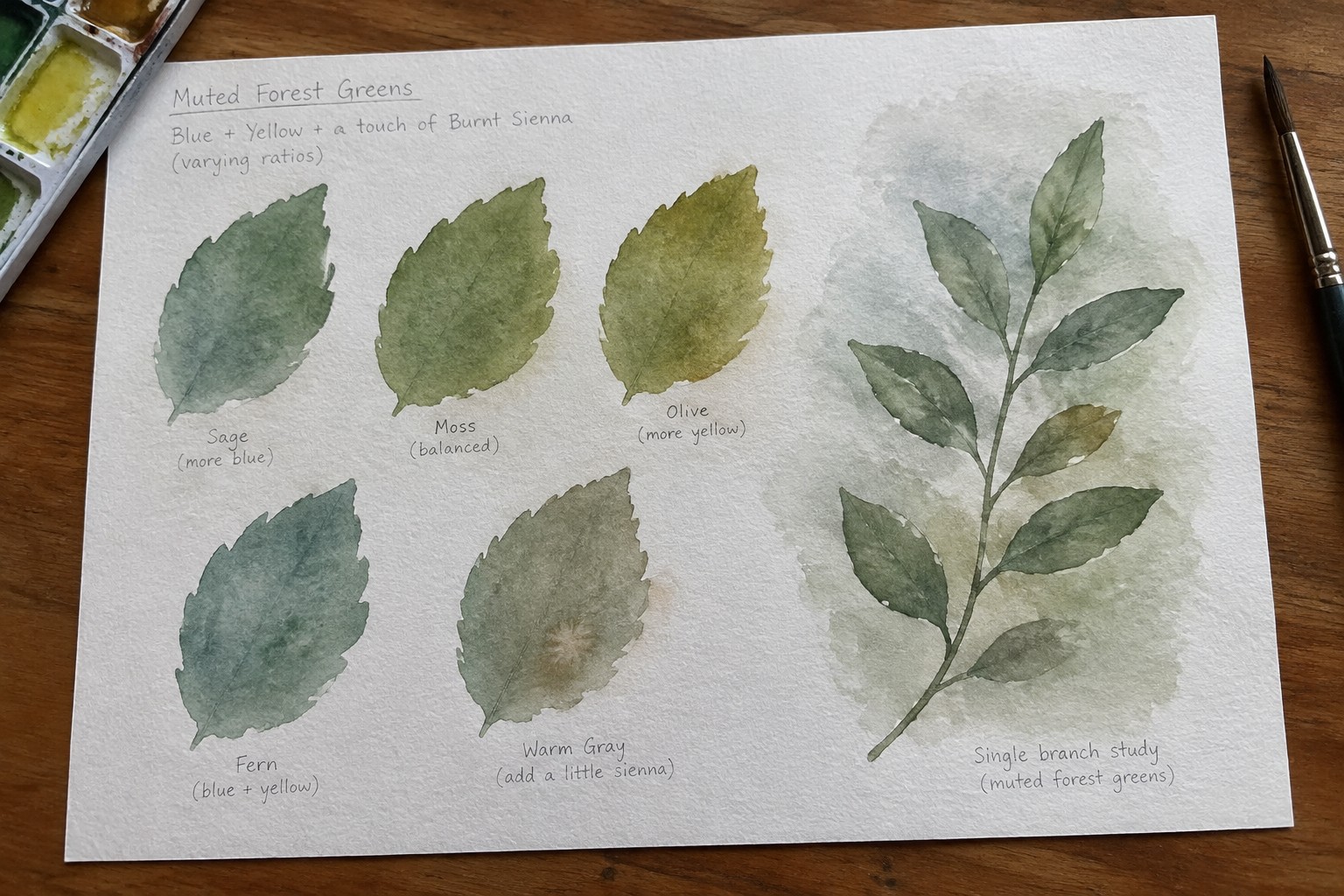 Watercolor chart of muted green leaves with labels, notes, palette and brush