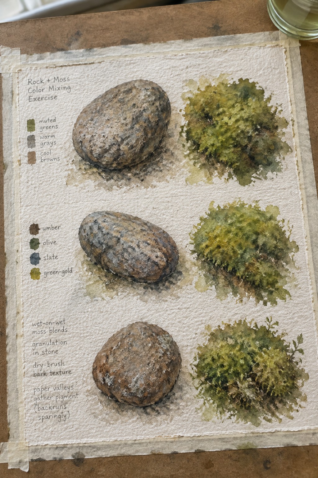Watercolor page showing three painted rocks next to moss clusters with labeled color swatches and technique notes.