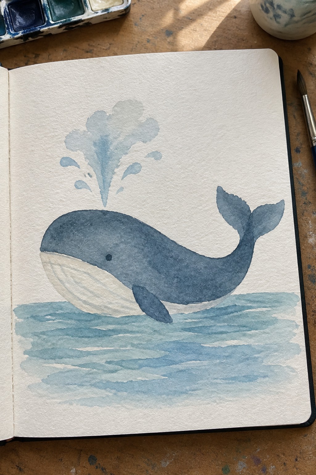 Watercolor painting of a blue whale with white belly and water spout above wavy blue ocean in an open sketchbook.