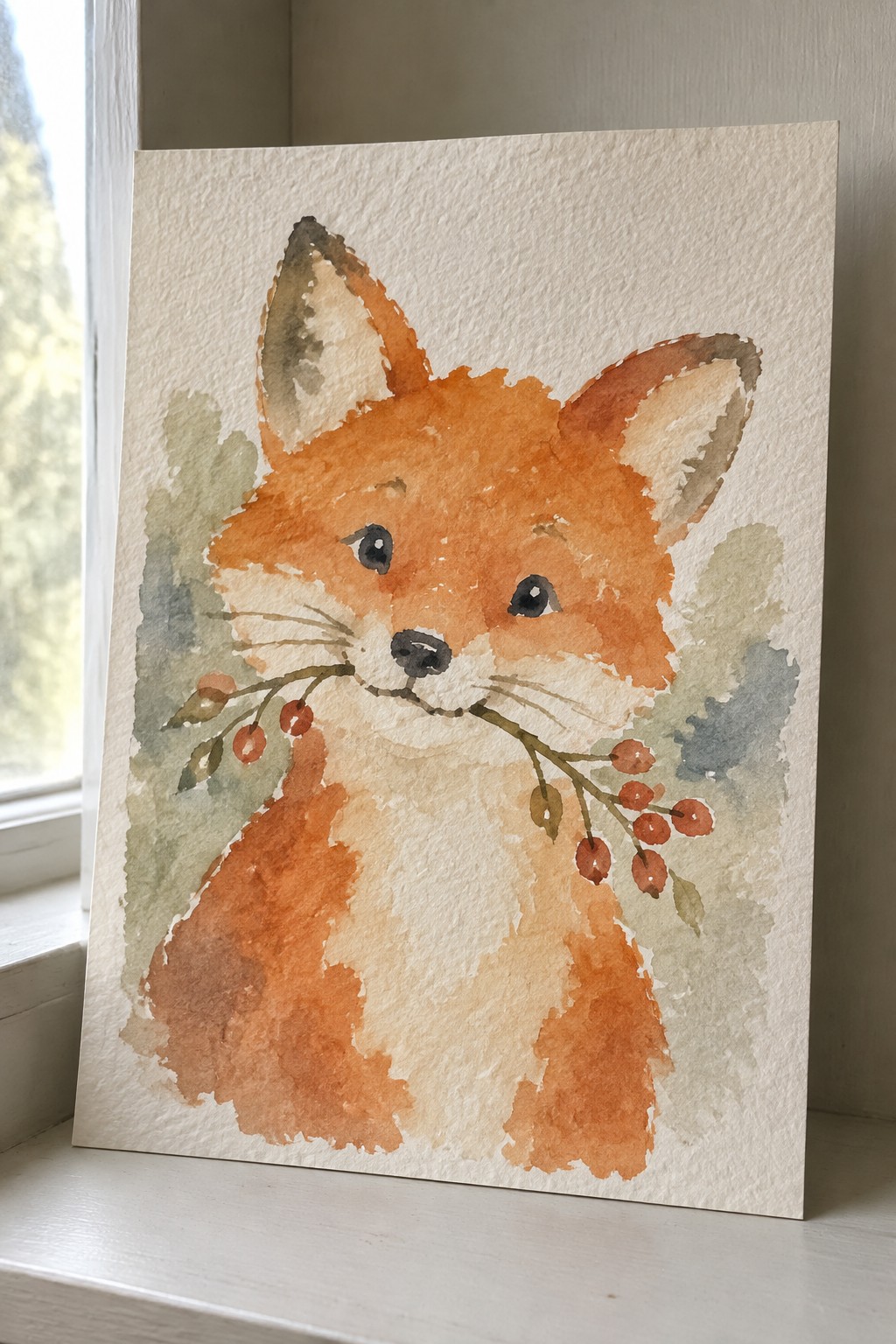 Watercolor fox in orange and white holding a branch of red berries