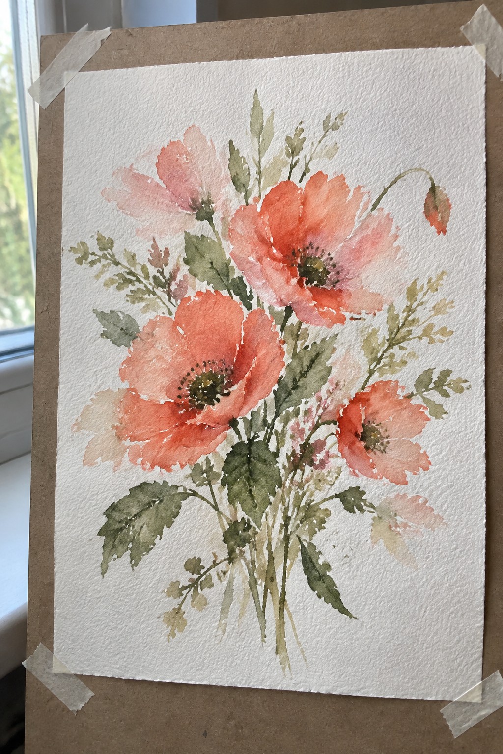 Watercolor of coral-orange poppies with green leaves taped on white paper to board