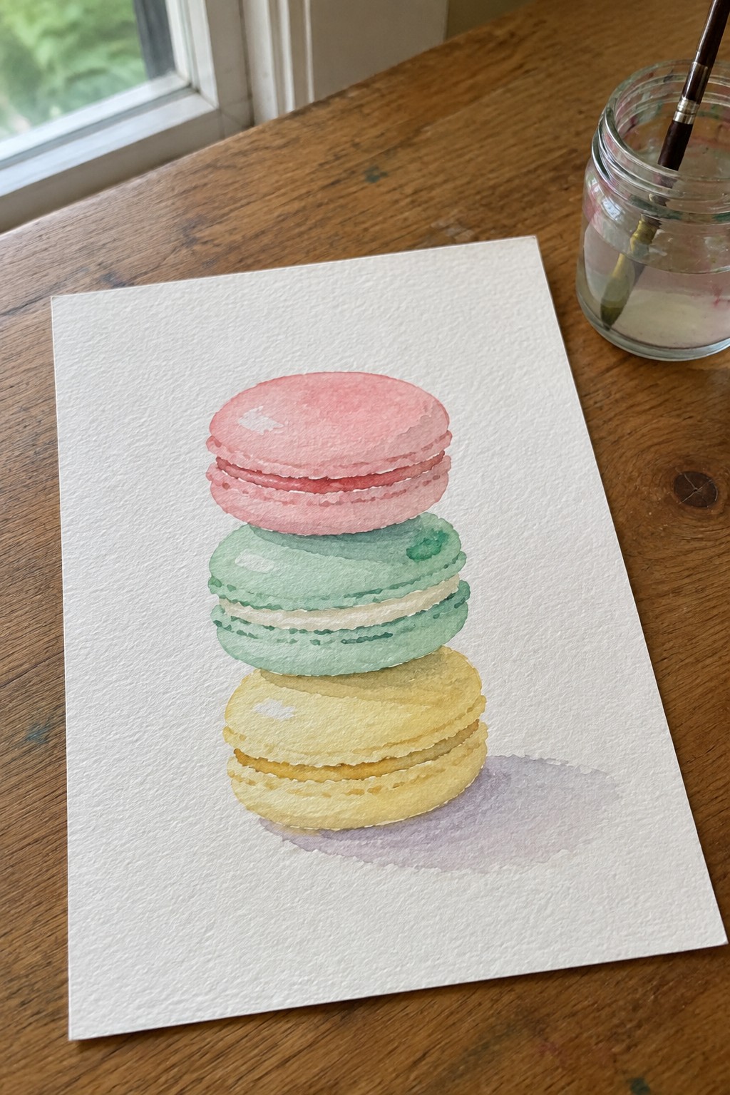 Stacked pink, green, and yellow watercolor macarons on white paper.