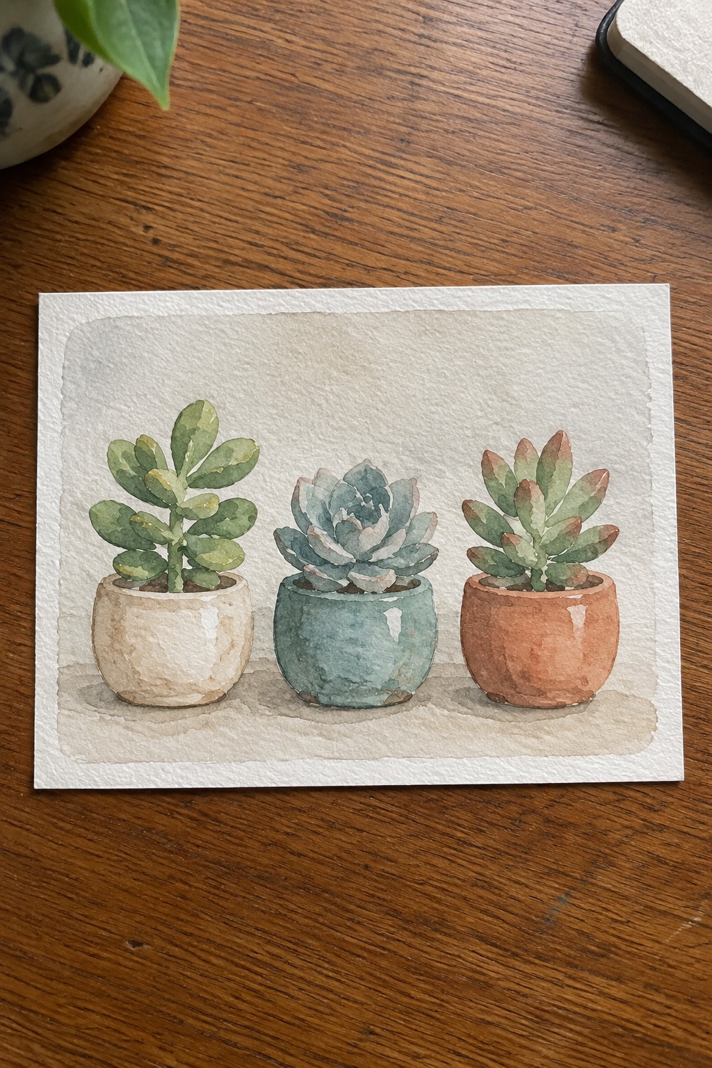 Three succulents in beige, teal, and terracotta pots, watercolor on wood table