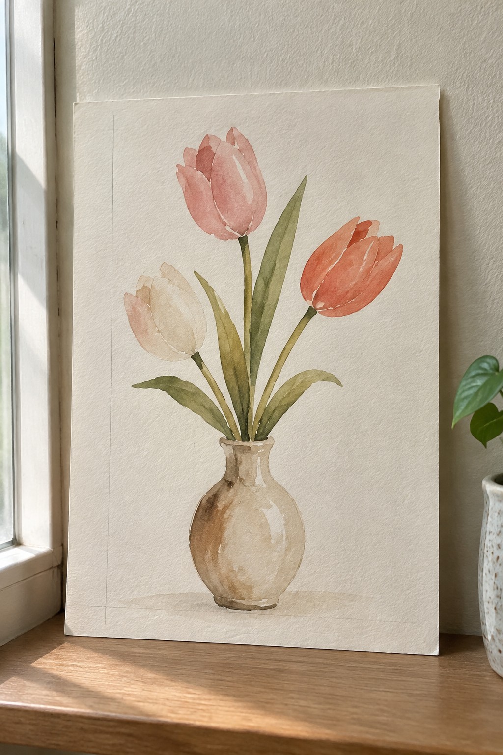 Watercolor painting of pink and orange tulips in a beige vase on a windowsill